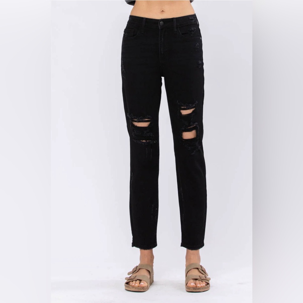 Judy Blue Women’s Black Denim‎ High Waist Distressed Boyfriend Fit Jeans 5/27